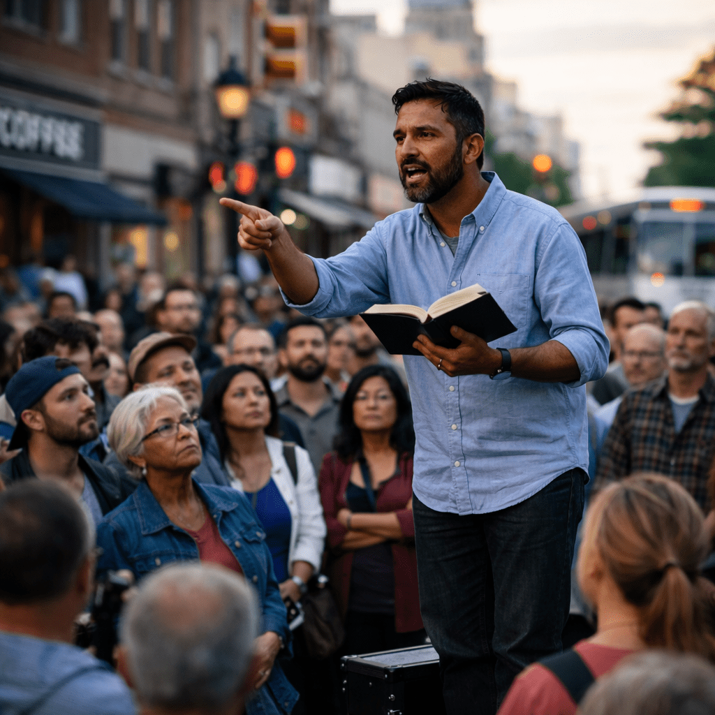 Man reading from an open book and speaking to an attentive crowd on a busy street